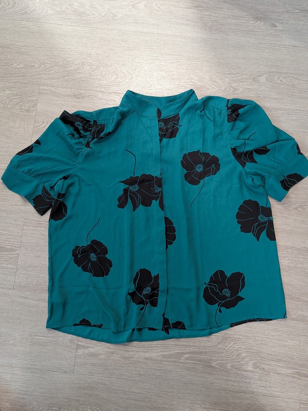 Ann Taylor Teal Floral Puff Sleeve Blouse Size XXL VGUC!